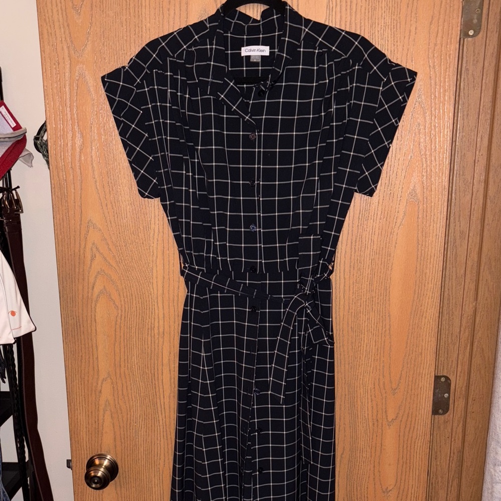 Calvin Klein Navy Blue Checkered button down Midi Dress